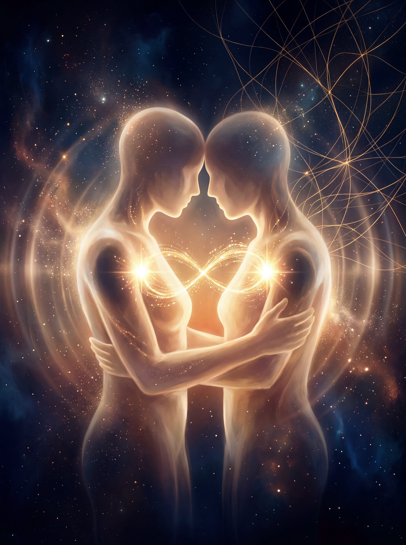 Sacred abstract figuration — two gender-neutral figures in luminous embrace